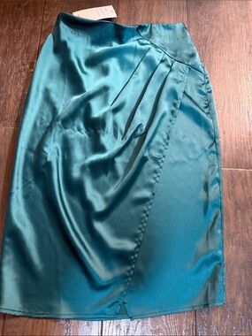 Teal Satin Pleated Pencil Skirt
